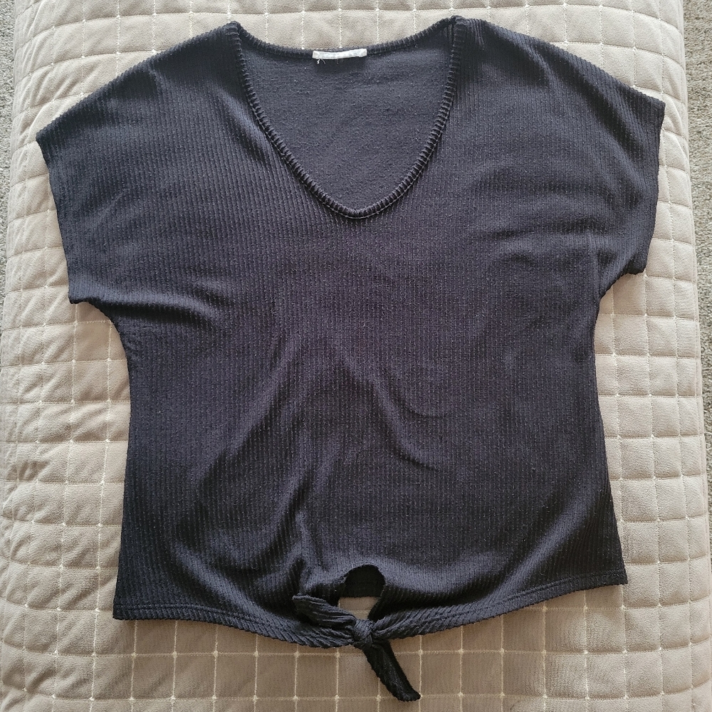 Caution To The Wind Black V-Neck Tie-Front Tee